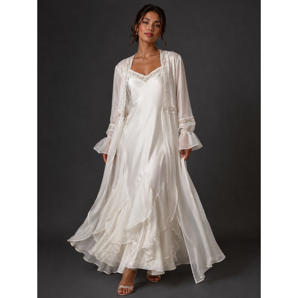 Delicates Ivory Bridal Nightgown Robe Set Medium Embroidered Ruffle Maxi Slip